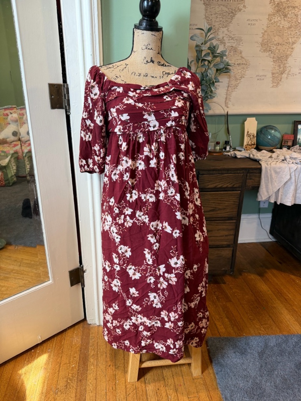 Maurices Burgundy Floral Midi Dress with White Print Size Medium Sundress